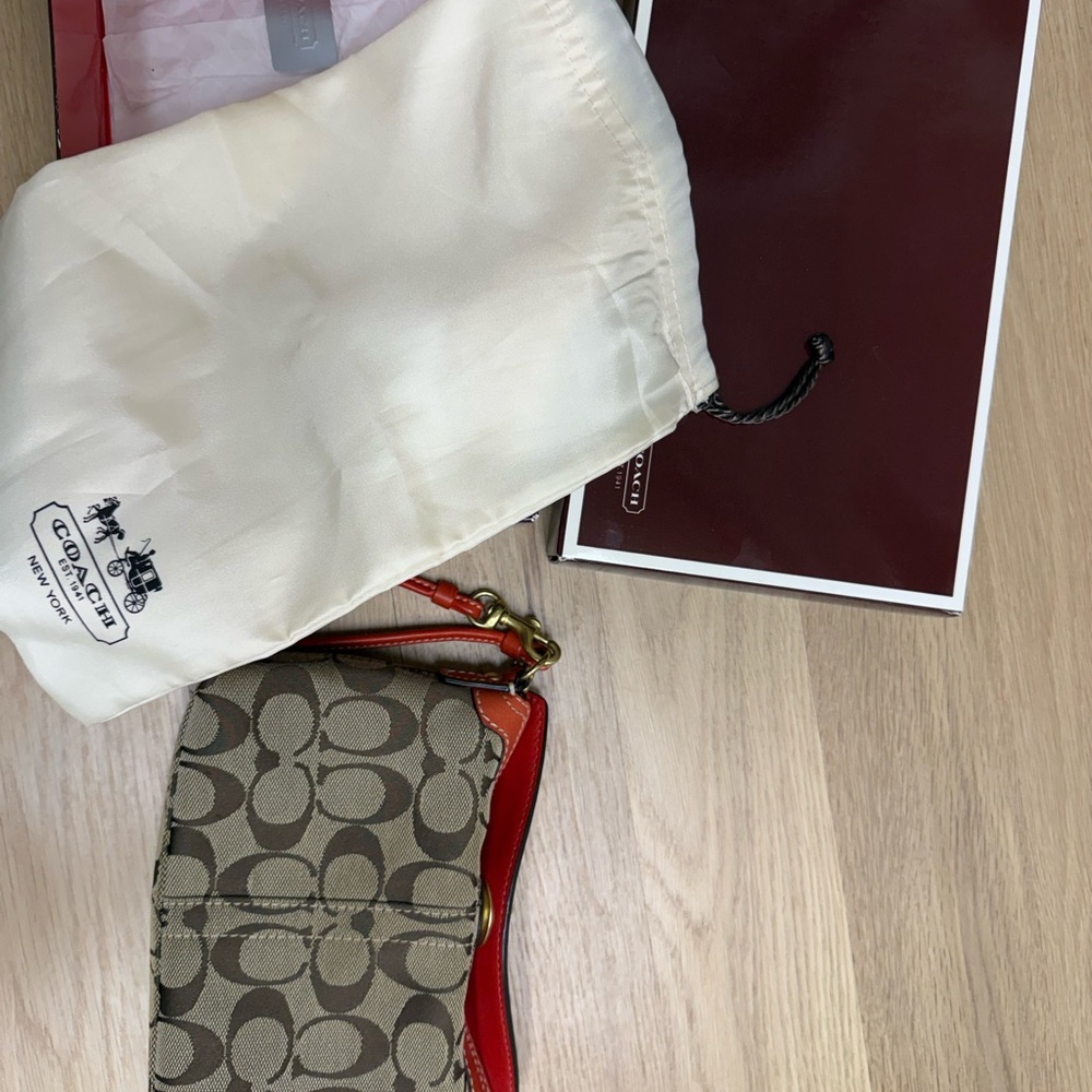 Coach Brown and Red Signature Wristlet